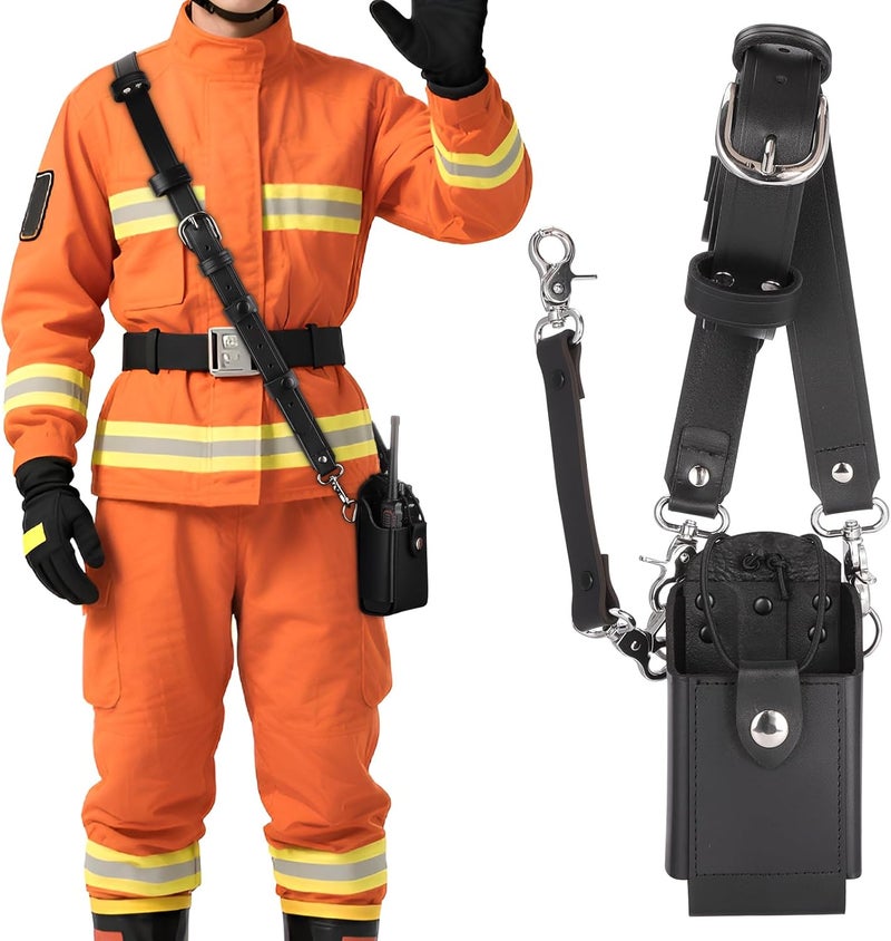 abcGoodefg Leather Radio Holster Set, Firefighter Radio Strap and Holder, Anti-sway Strap, Compatible with Motorola APX Series - for Firefighters, EMT, Police (Black) - Image 2